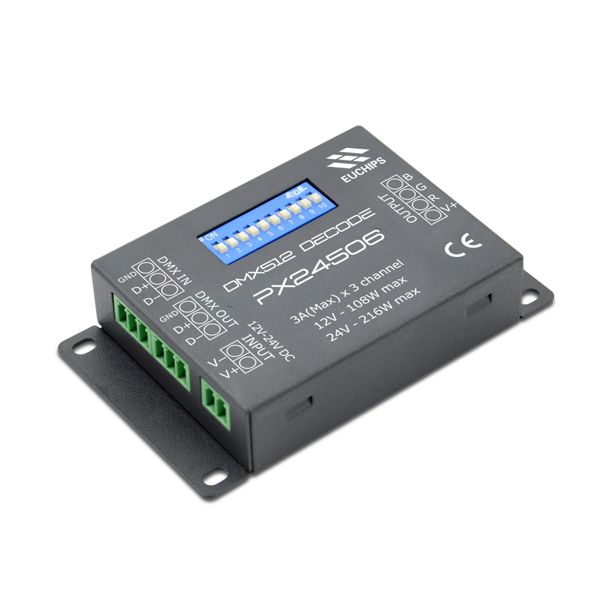 3A*3ch 108~216W 12-24VDC Connector DIP Switch Constant Voltage DMX Decoder PX24506 Featured Image